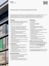 Stellenausschreibung für Teamassistenz im Technischen Bereich (m/w/d) mit Abschnitten zu Aufgaben, Wir bieten, Qualifikationen und persönlichen Anforderungen.